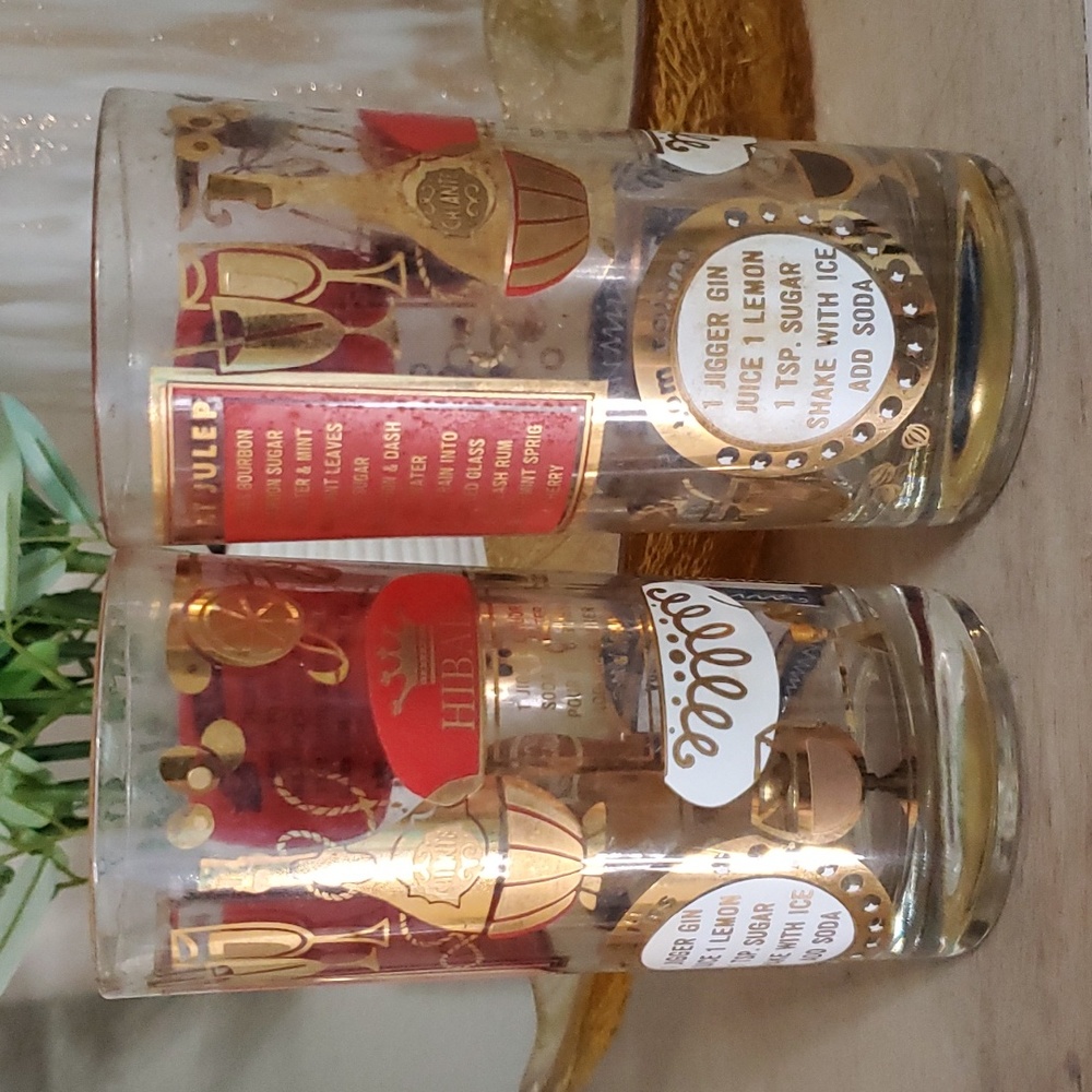 MCM Jeanette Here’s How Red Gold HiBall Cocktail Recipe set of 2 Glasses 1960s